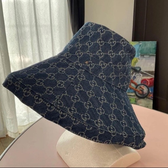 Gucci Blue Denim GG Monogram Wide Brim Bucket Hat / Sun Hat - Picture 3 of 6